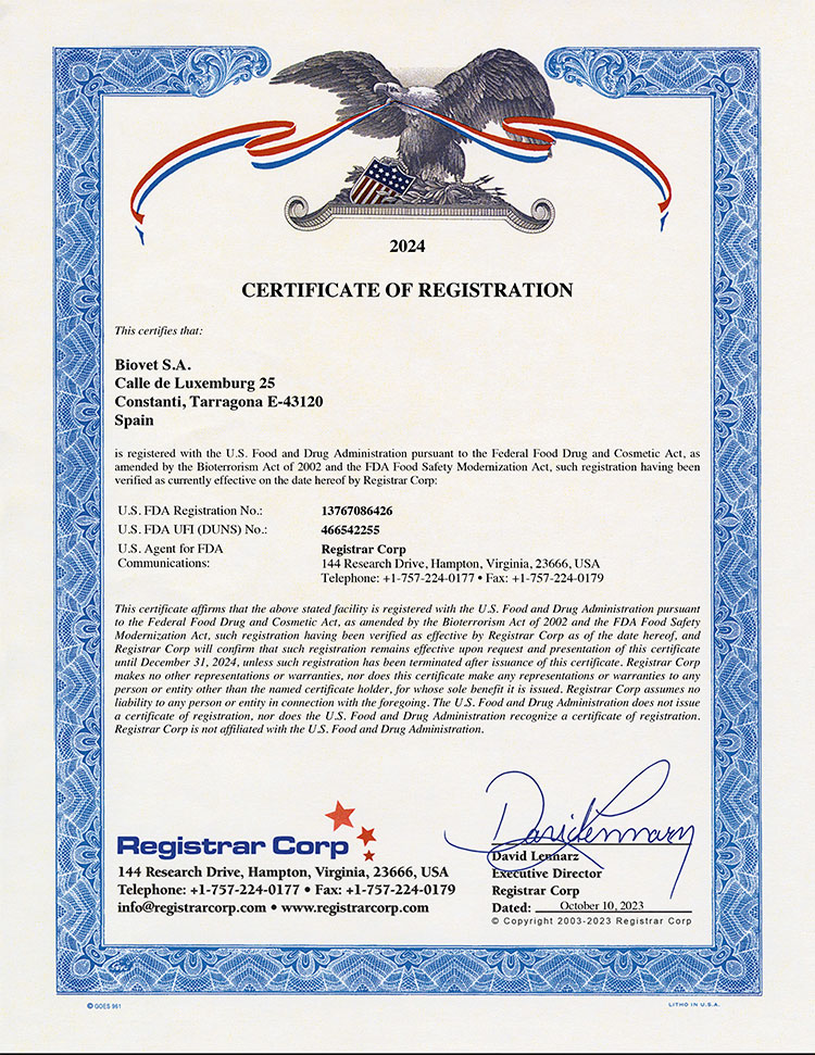 certificado FDA - Biovet