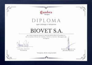 Biovet S.A. received recognition from the Chamber of Commerce of Tarragona