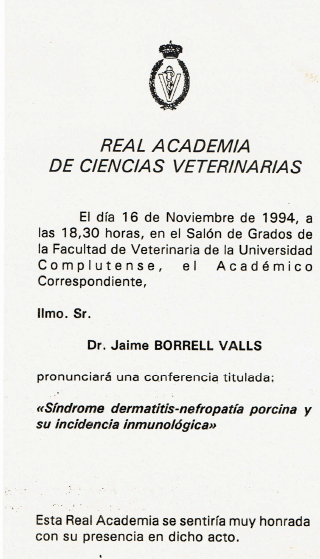 Dr. Borrell's conference at the Spanish Royal Academia of Veterinary Sciences in 1994