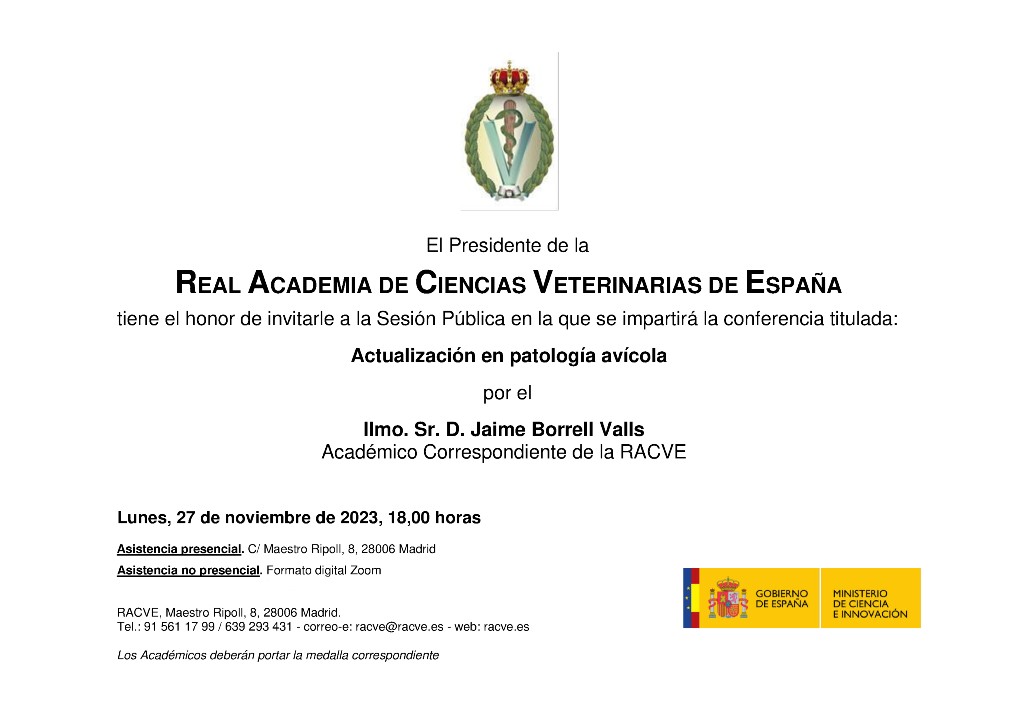 Dr Jaime Borrell Valls will give a lecture at the RACVE on avian pathology
